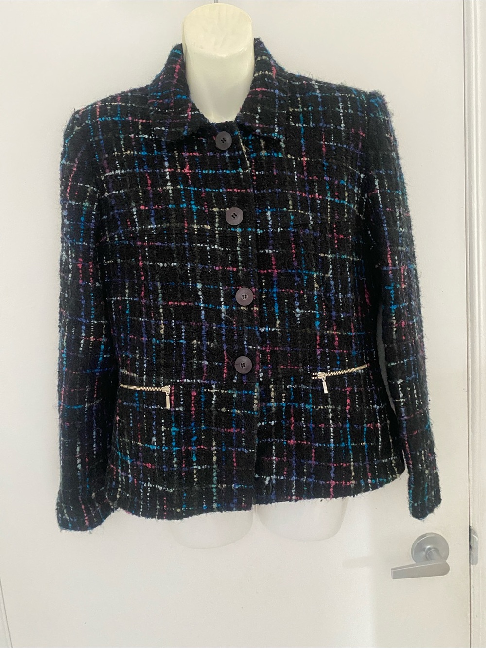 Laurent Alexandre VTG MulticolorTweed Jacket Black w Blue & Pink Accents Size 40
